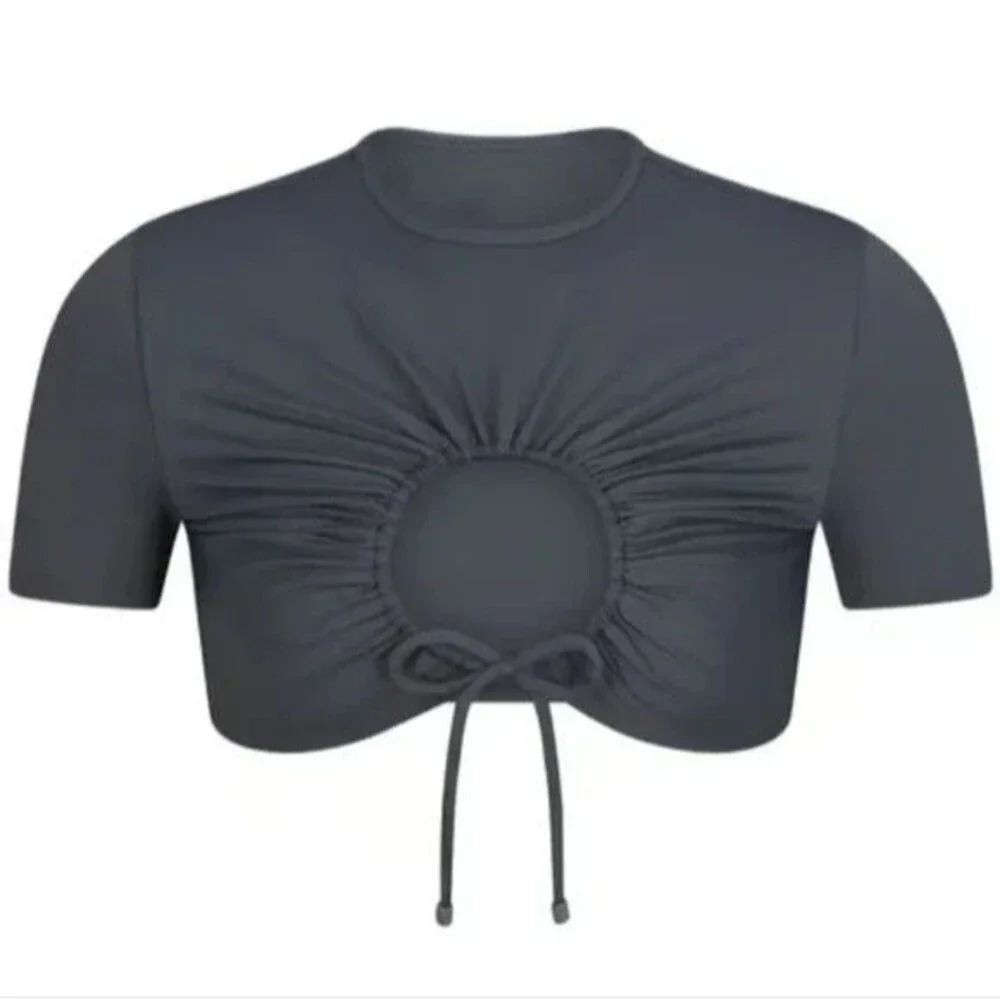 Skims Recycled Swim Size 4X Ruched T-Shirt Crop Top Keyhole Front Gunmetal Gray